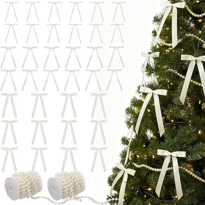 36 Pcs Christmas Tree Bows Decorations and 59 Feet Pearl Beads Garland White Pearl Strings Satin ... | Amazon (US)