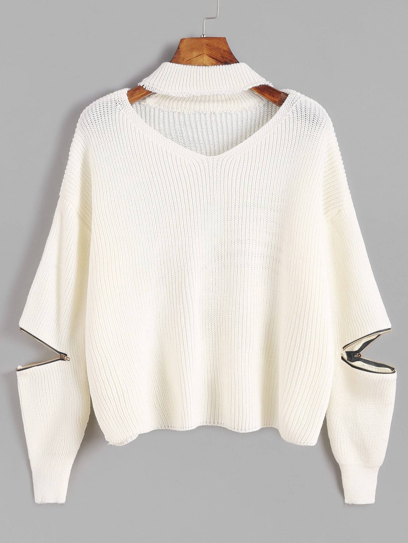 Ivory Choker Neck Sweater With Sleeve Zip Detail | Romwe