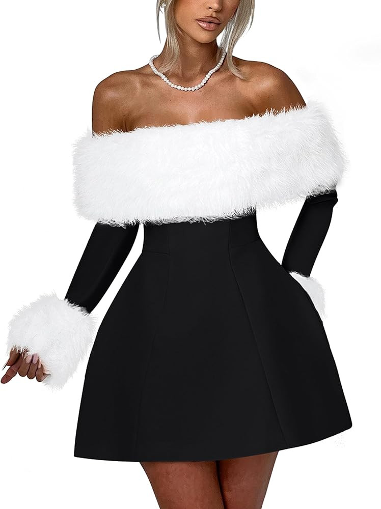 YMDUCH Women's Off Shoulder Long Sleeve Fur Trim A-Line Party Club Mini Dress | Amazon (US)