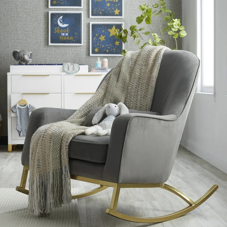 MoDRN Glam Velvet Rocking Chair with Lumbar Pillow, Charcoal Grey/Satin Brass | Walmart (US)