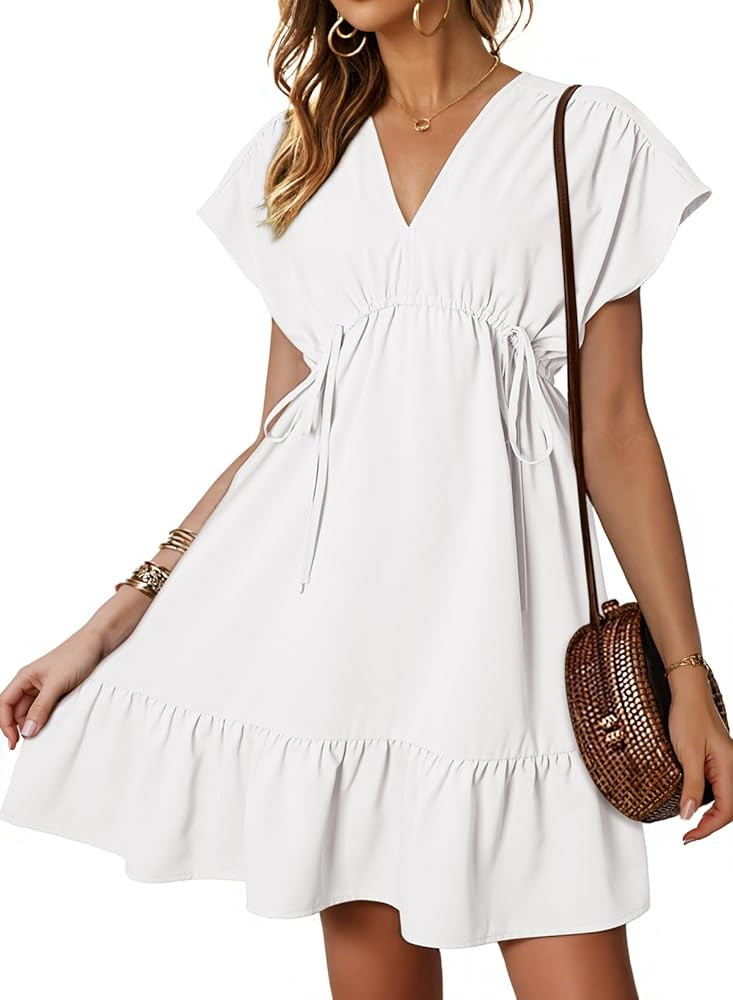 Dokotoo Womens Dresses Short Sleeve V Neck Drawstring Casual Ruffle A-Line Swing Mini Babydoll Dr... | Amazon (US)