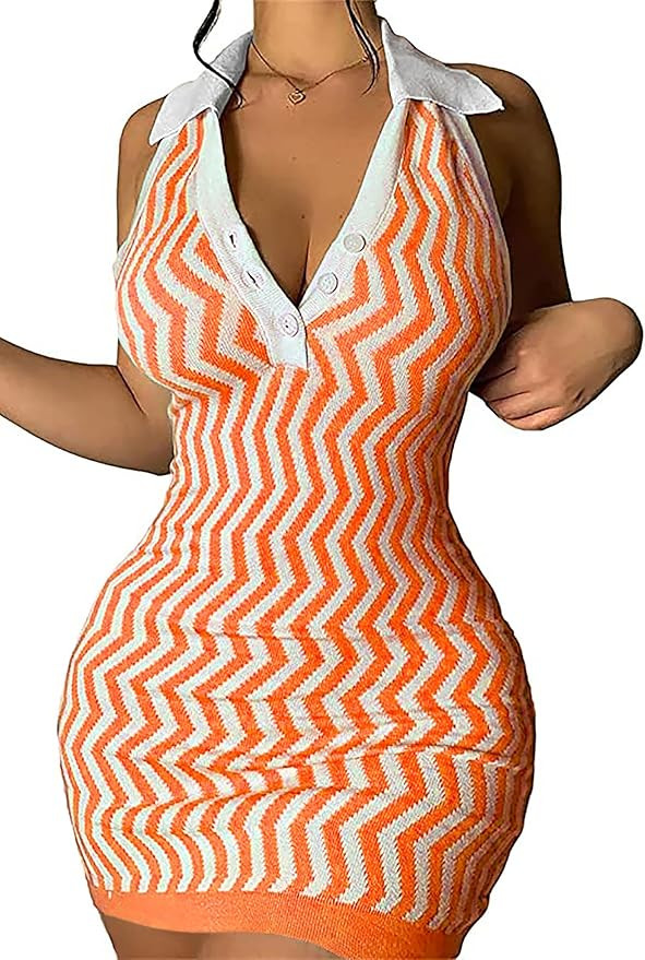 Ryehack Women’s Summer Halter Mini Dress Backless Sundress Striped V Neck Bodycon Beach Vacatio... | Amazon (US)