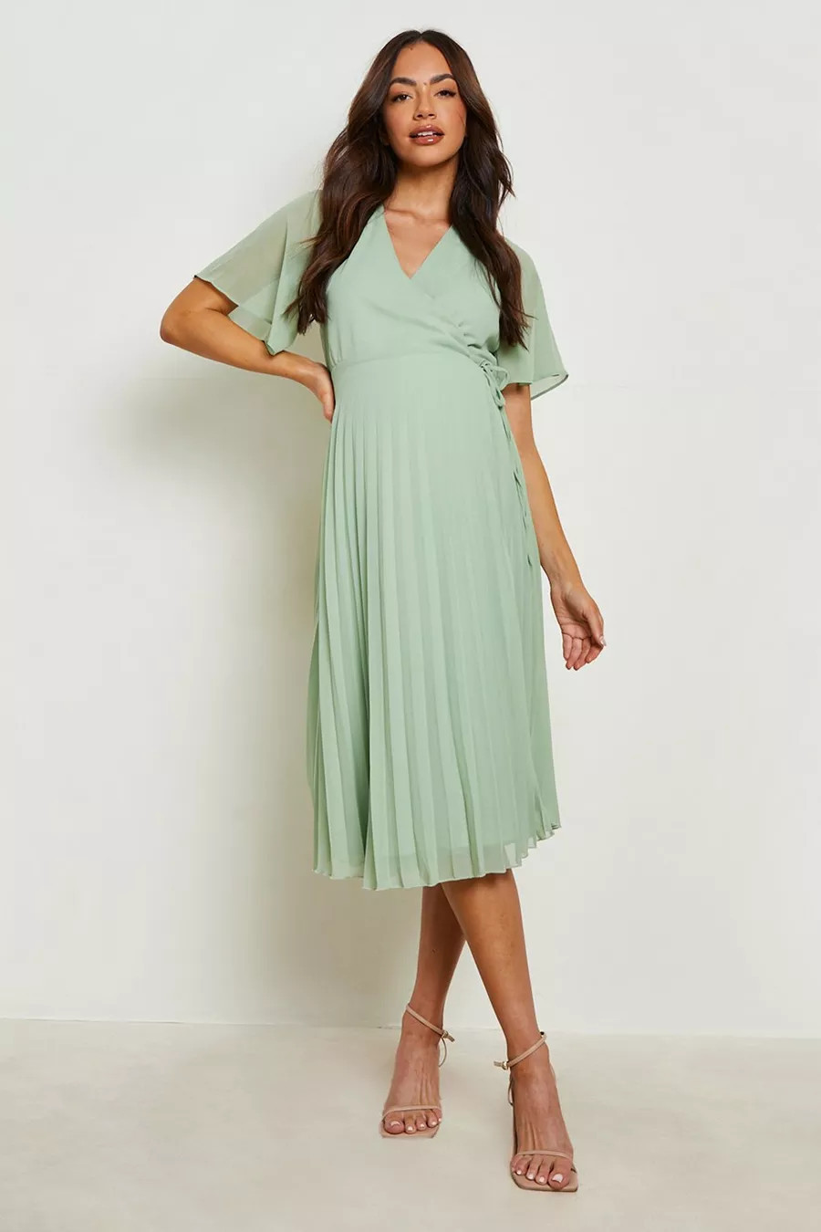 Maternity Wrap Pleated Skater Midi Dress | Boohoo.com (US & CA)