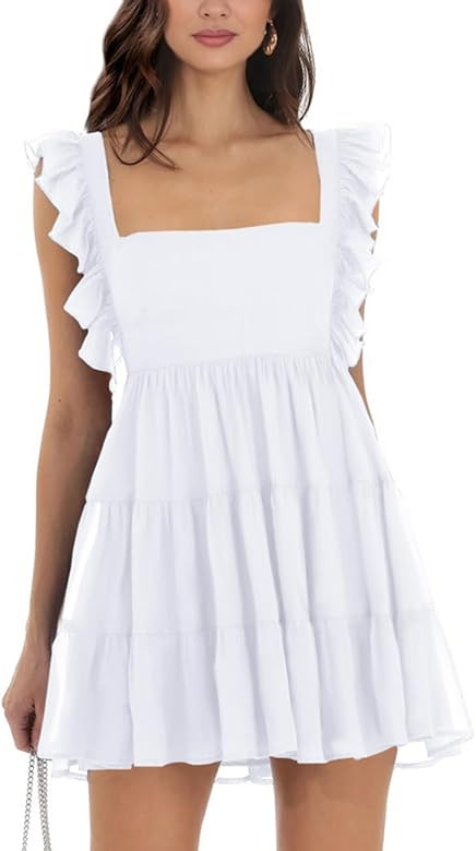 Women’s Summer Square Neck Tie Back Ruffle Sleeve Tiered Casual A-Line Short Mini Dress | Amazon (US)