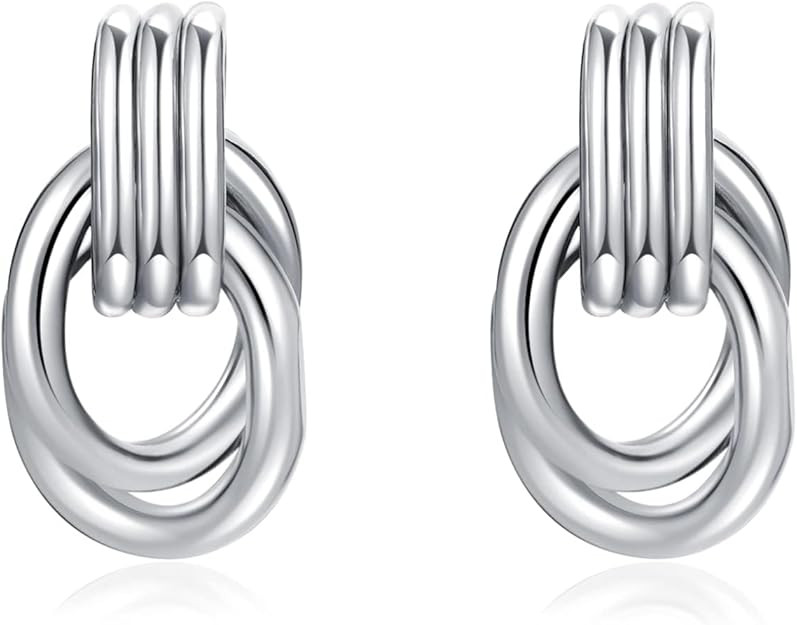 Chunky Gold Drop Dangle Earrings for Women, Minimalist Doorknocker Hoop Gold Silver Knot Earrings... | Amazon (US)