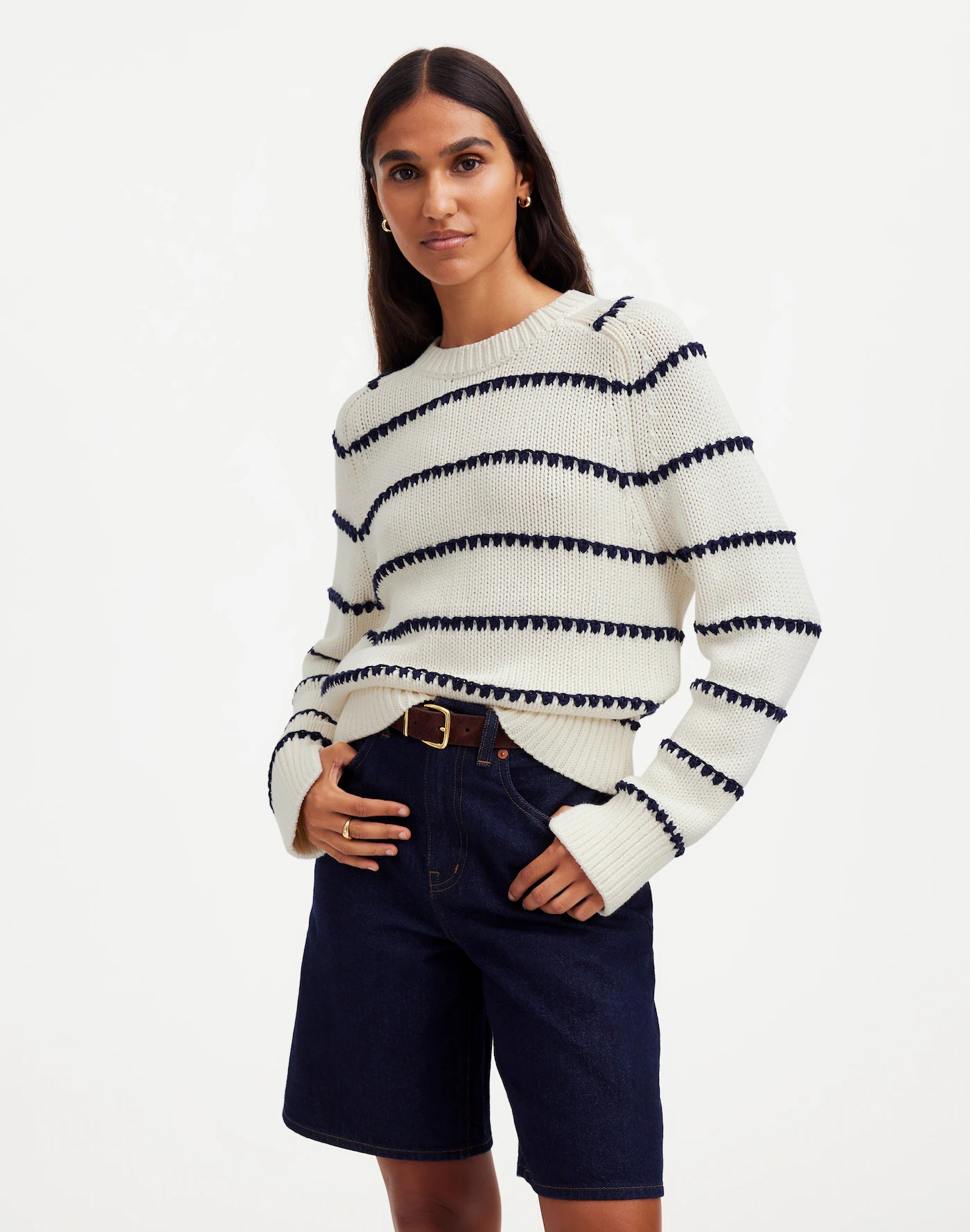 Textured Cotton Crewneck Sweater in Stripe | Madewell