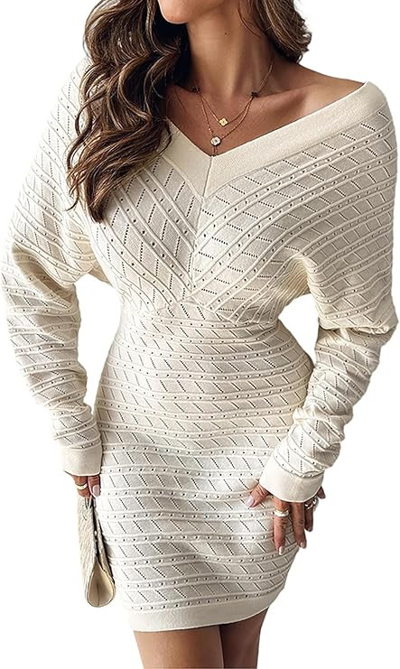 CHICME Women’s V-Neck Long Sleeve Hollow Out Knit Sweater Dress Elegant Chic Bodycon Mini Dress... | Amazon (US)