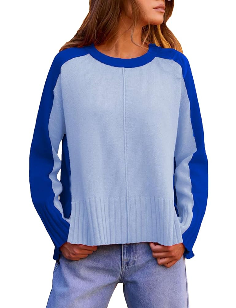 Zontroldy Women's Color Block Sweaters Crew Neck Long Sleeve Side Split High Low Hem Pullover Kni... | Amazon (US)