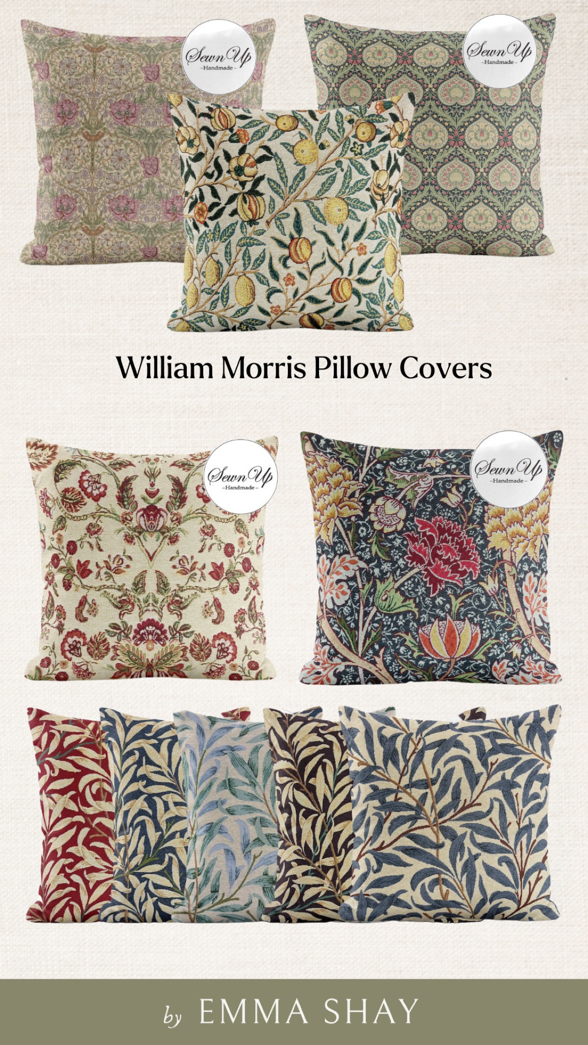 Custom sized William Morris pillow covers — the quality looks amazing and I’ve been wanting to get manyyy for my house. I can’t decide  

Etsy Shop: SewnUpHandmade