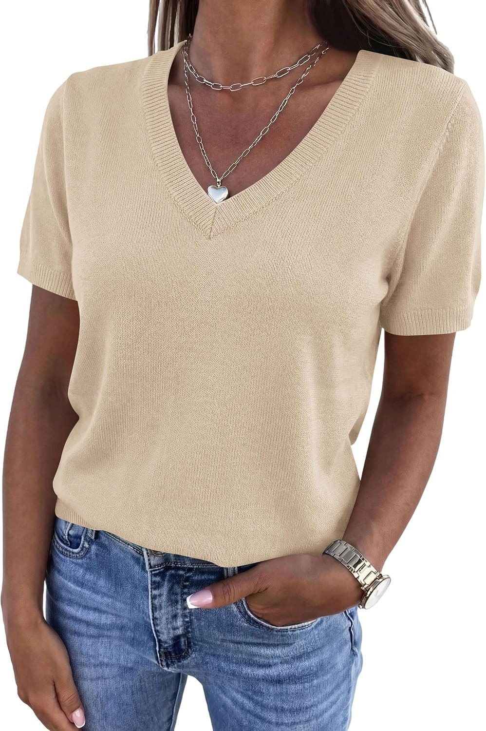 PRETTYGARDEN Womens Short Sleeve Sweater V Neck Tops | Amazon (US)