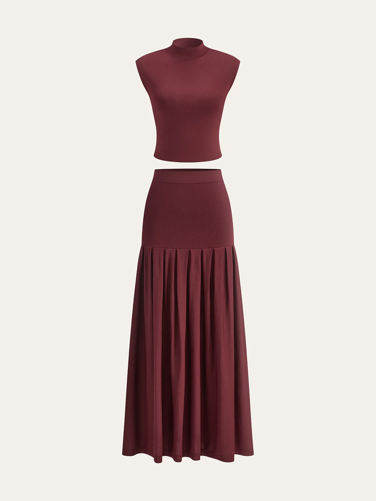 Mock Neck Sleeveless Top and Pleated Midi Skirt Set | Commense