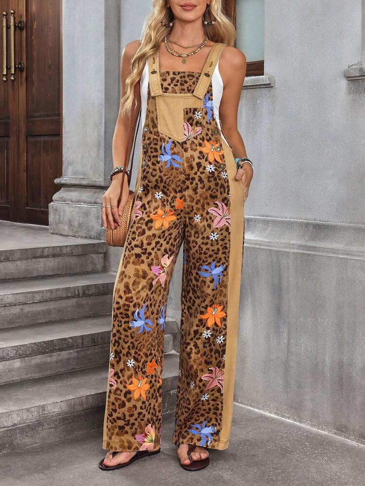 EMERY ROSE Women's Leopard Print & Floral Patchwork Fashionable Versatile Denim Jumpsuit With Wid... | SHEIN