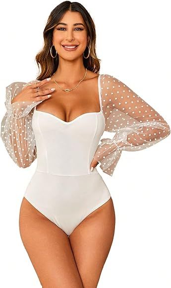 WDIRARA Women's Polka Dots Sheer Mesh Shirt Long Bishop Sleeve Sweetheart Neck Bodysuit | Amazon (US)