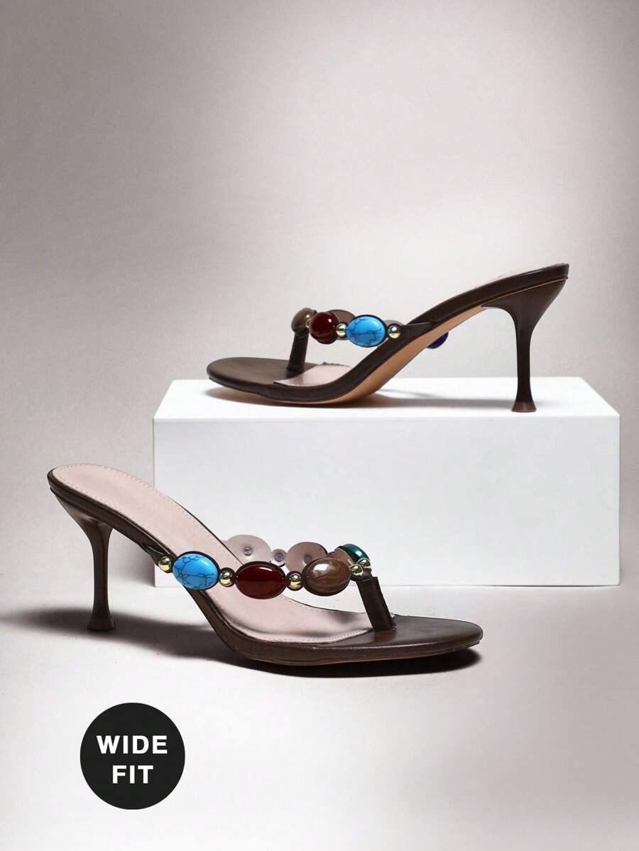 SHUZIA Women Gemstone Decor Stiletto Everyday Vintage Sexy Beach Elegant PU Brown High Heeled San... | SHEIN