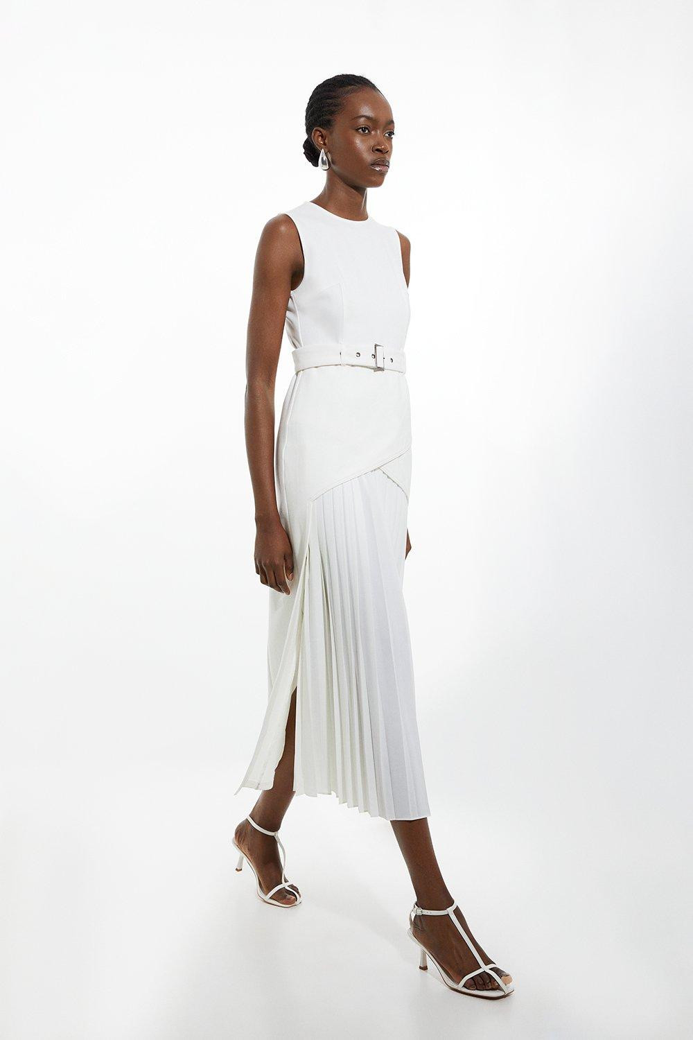 Ponte And Georgette Jersey Pleated Maxi Dress | Karen Millen US