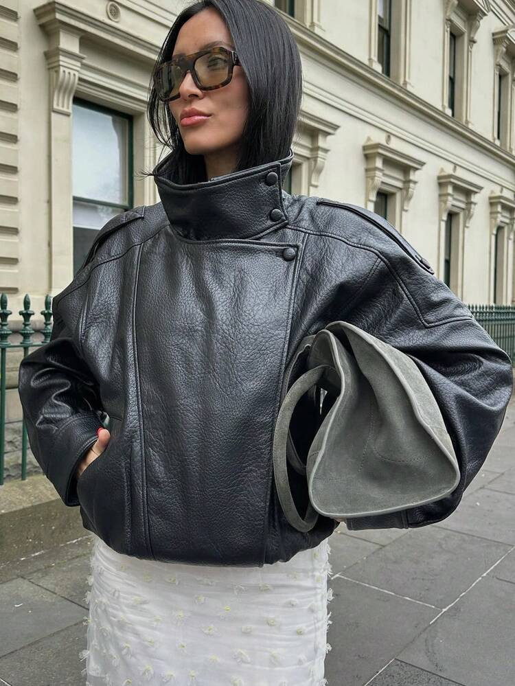 Black Pu Leather Jacket Women Autumn Jacket Coat Winter Clothes Long Sleeve Zip Up Ladies Bomber Jacket Fall Outfits Autumn Outfits Women Coat Streetwear | SHEIN