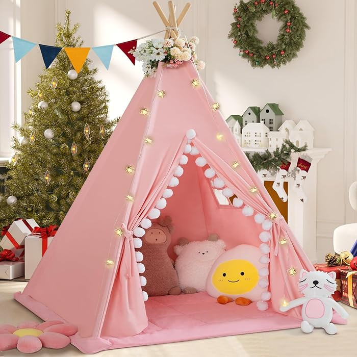 Teepee Tent for Kids with Padded Mat Cotton Canvas Kids Tent with Pompom for Toddlers Indoor Play... | Amazon (US)