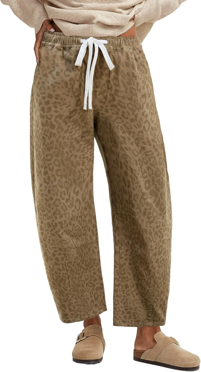 GRAPENT Barrel Jeans for Women Trendy High Waisted Pull On Wide Leg Cropped Leopard Cheetah Print Stretchy Denim Pants | Amazon (US)