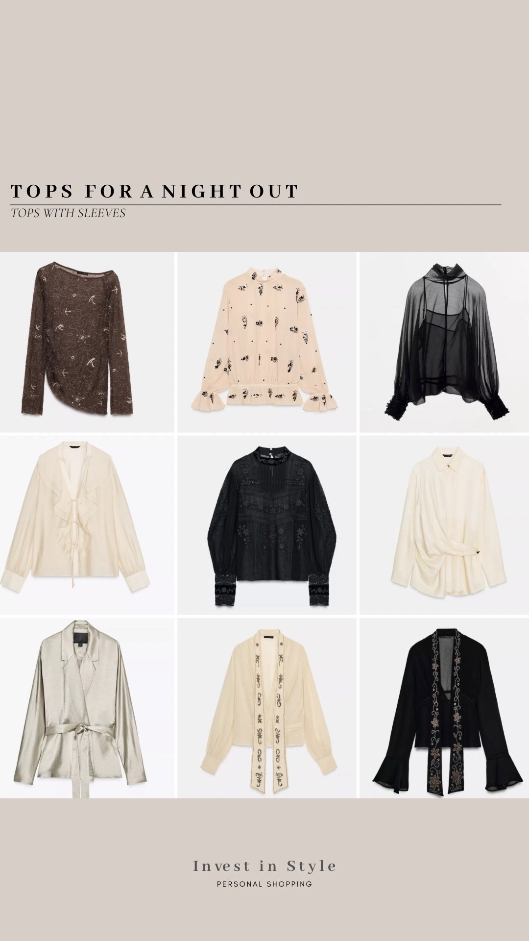 Tops for an evening out 
Drinks , party, nice meal etc 
All with sleeves and well priced 
Ruffles 
Sparkle 
Embroidery 
Blouses 

#LTKpartywear #LTKdatenight #LTKfestive