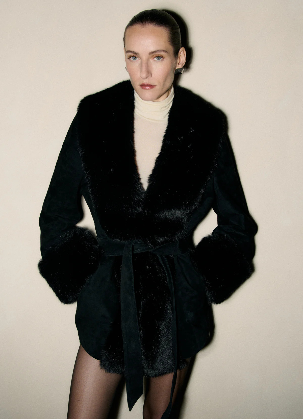 Black Suede Faux Fur Trim Coat | DE SAVARY LONDON