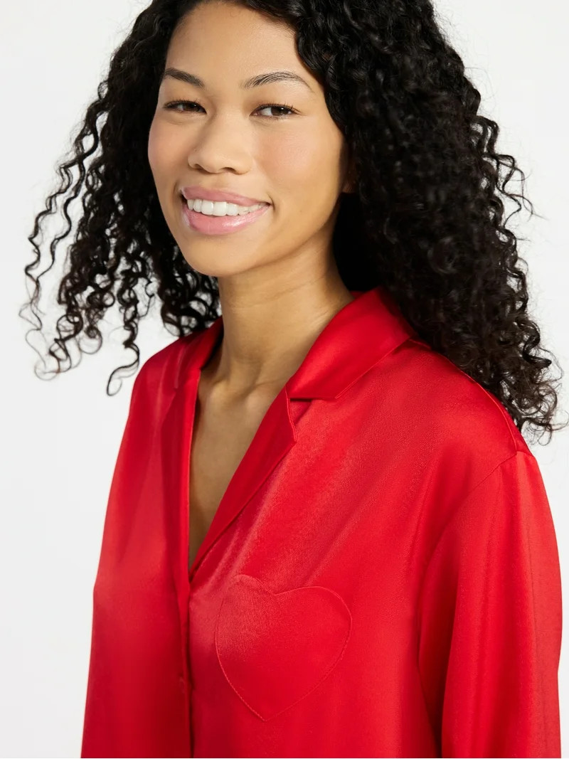 No Boundaries Sleepwear Satin Long Sleeve Button-Up Top and Shorts Set, 2-Piece, Women’s XS-XXL | Walmart (US)