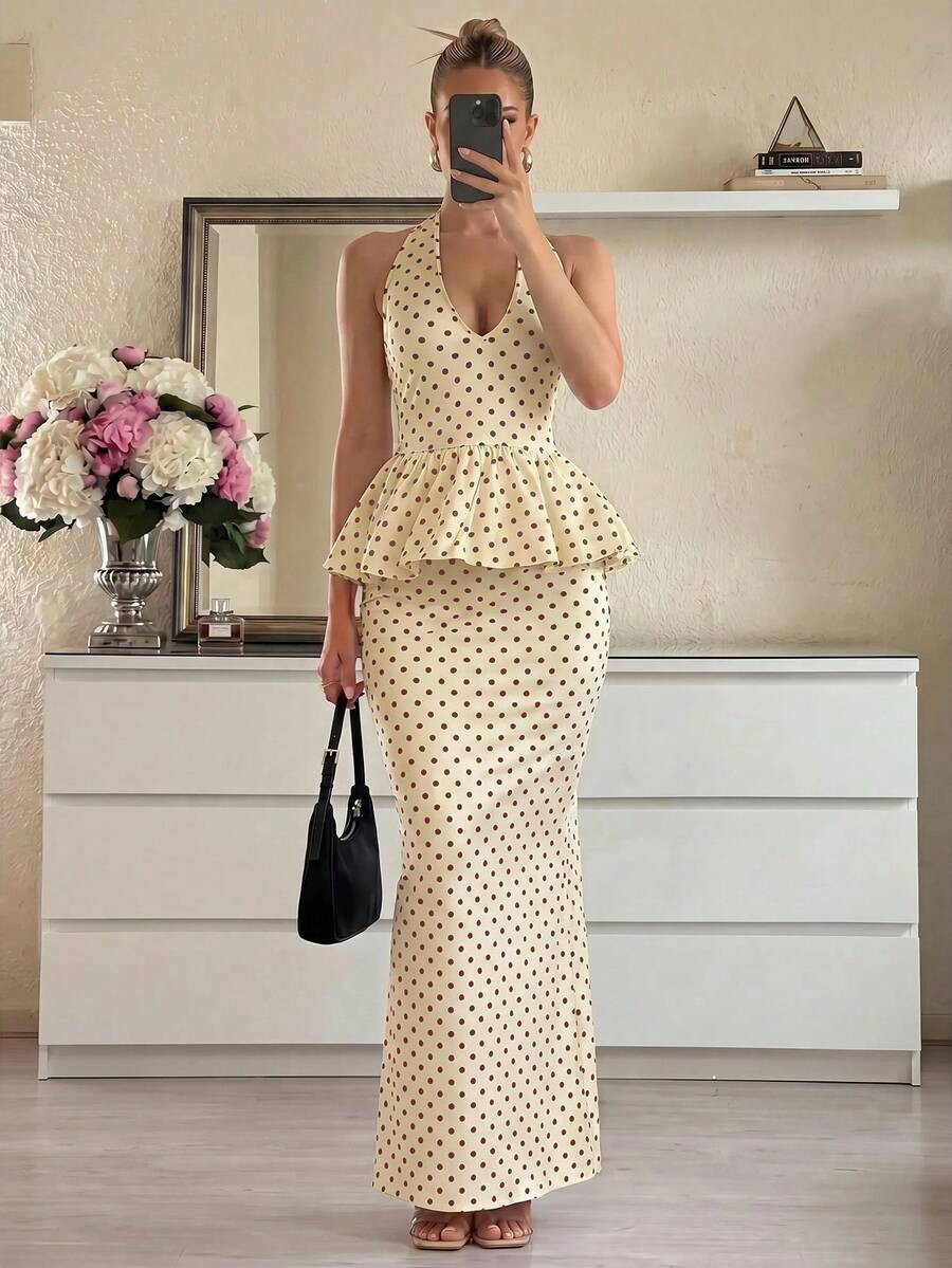 Lumalex V-Neck Halter Tie Ruffle Hem Low Waist Bodycon Mermaid Skirt Women's 2-Piece Set Tea Part... | SHEIN