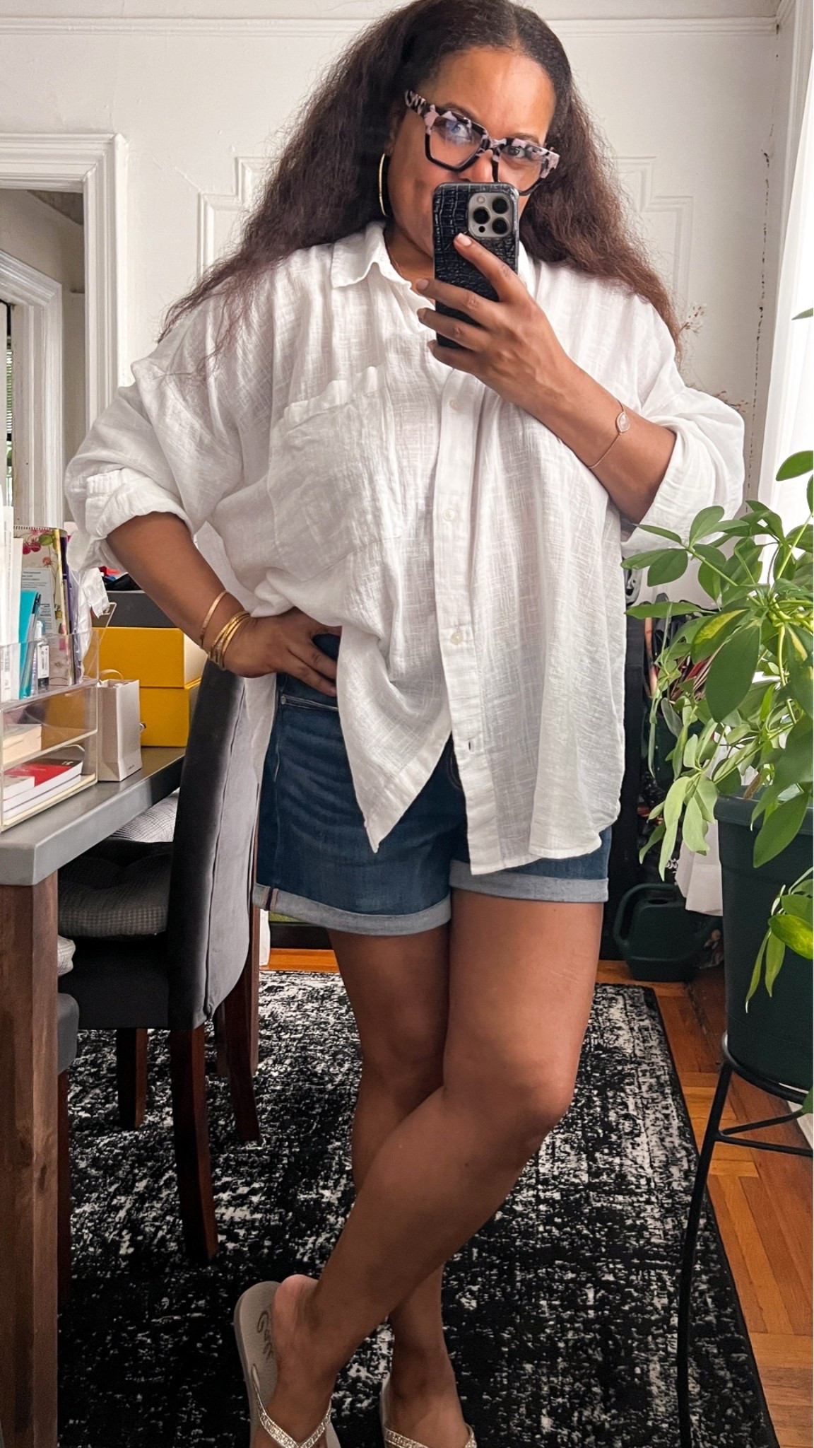 I love a flowy oversized shirt. Casual summer outfit. Work from home OOTD. Oversized white button front shirt, midrise denim shorts

#ltkootd #ltkseasonal

#LTKOver40 #LTKMidsize #LTKSaleAlert