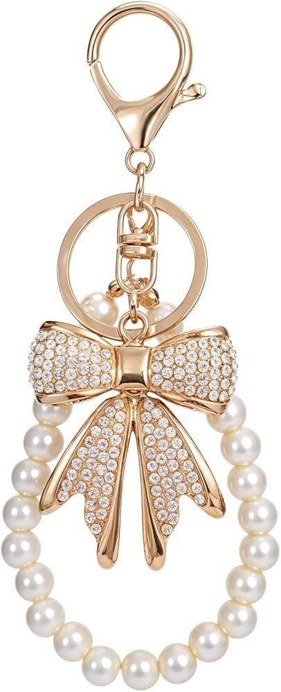 2 Pcs White Rhinestone Bowknot Keychain Imitation Pearl Chains Sparkly Bow Purse Charm Bag Charms... | Amazon (US)