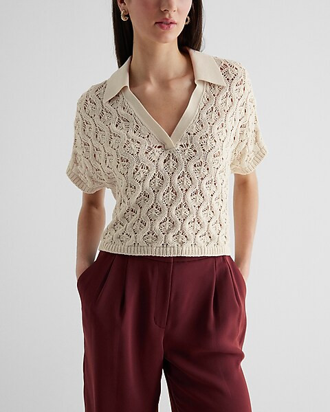 Crochet V-Neck Short Sleeve Polo Sweater | Express