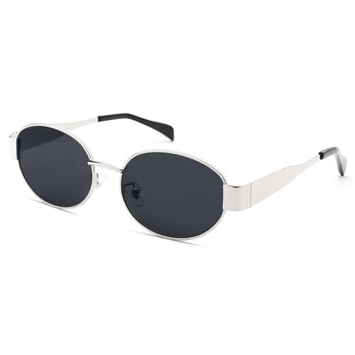DIMENSIP Retro Oval Sunglasses for Women Men - Trendy Gold Sun Glasses - Fashion Metal Frame Shades(Silver/Grey) | Amazon (US)