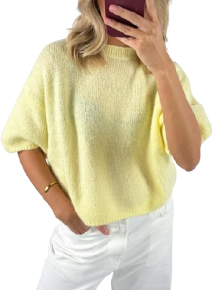 Women Short Sleeve Sweater Tops Crew Neck Lightweight Knit Pullover Cropped Tops Fall Loose Trend... | Amazon (US)