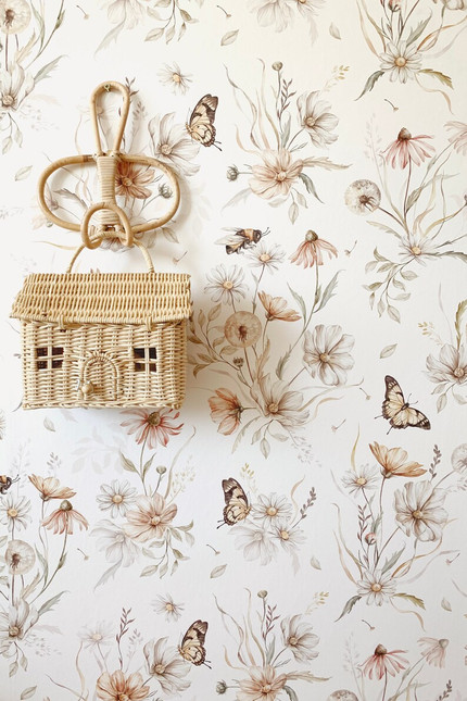 Gold Meadow on White Floral Wallpaper