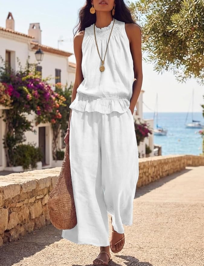 Linen Sets for Women 2 piece Spring Summer Boho Ruffle Sleeveless Tank Tops Flowy Pants Cute Vaca... | Amazon (US)