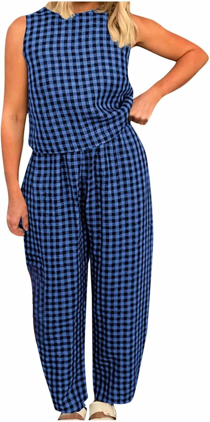 Amazon.com: Summer Cotton 2 Piece Outfits for Women Casual Plaid Print Sleeveless Crew Neck Vest ... | Amazon (US)