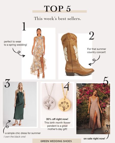 This week’s top selling items! Dresses for spring and summer events, fun cowboy boots for that summer country concert and a sweet Mother’s Day gift idea

#LTKSeasonal