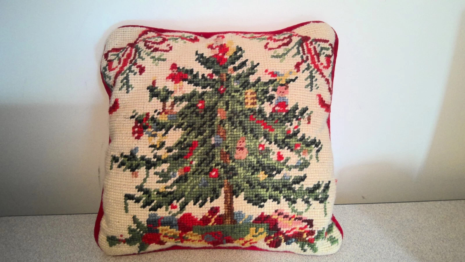 Vintage Wool Christmas Tree Presents Needlepoint Pillow zip SPODE Santa Top 9”  | eBay | eBay US