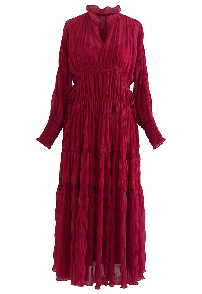 Full Shirring Side Drawstring Chiffon Dress in Red | Chicwish