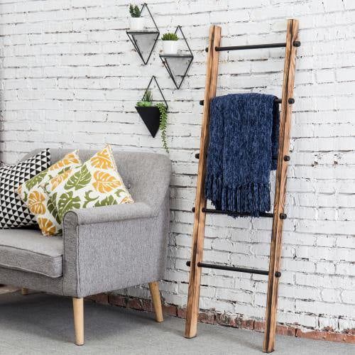 MyGift 5-ft Wall-Leaning Burnt Wood and Metal Pipe Quilt Blanket Towel Rack - Walmart.com | Walmart (US)