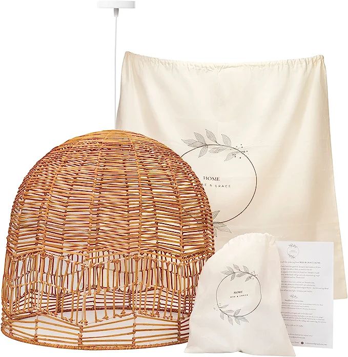 Mae & Grace Home - Rattan Pendant Light Fixture, Hand Made, Boho Coastal Dome Woven Basket Shade ... | Amazon (US)