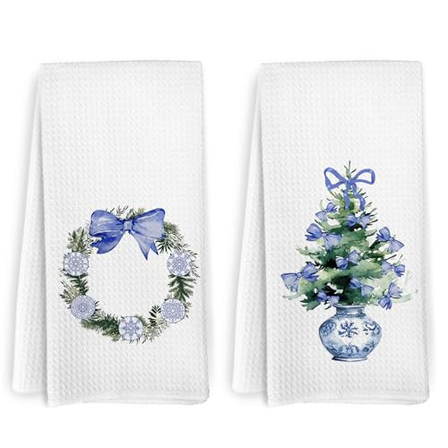 KFXHANGD Chinoiserie Christmas Kitchen Towels Set of 2, Coquette Christmas Bathroom Decor, Blue and White Tree Dish Towels, Blue Christmas Wreath Hand Tea Towels for Bathroom Kitchen, 16×24 Inch | Amazon (US)
