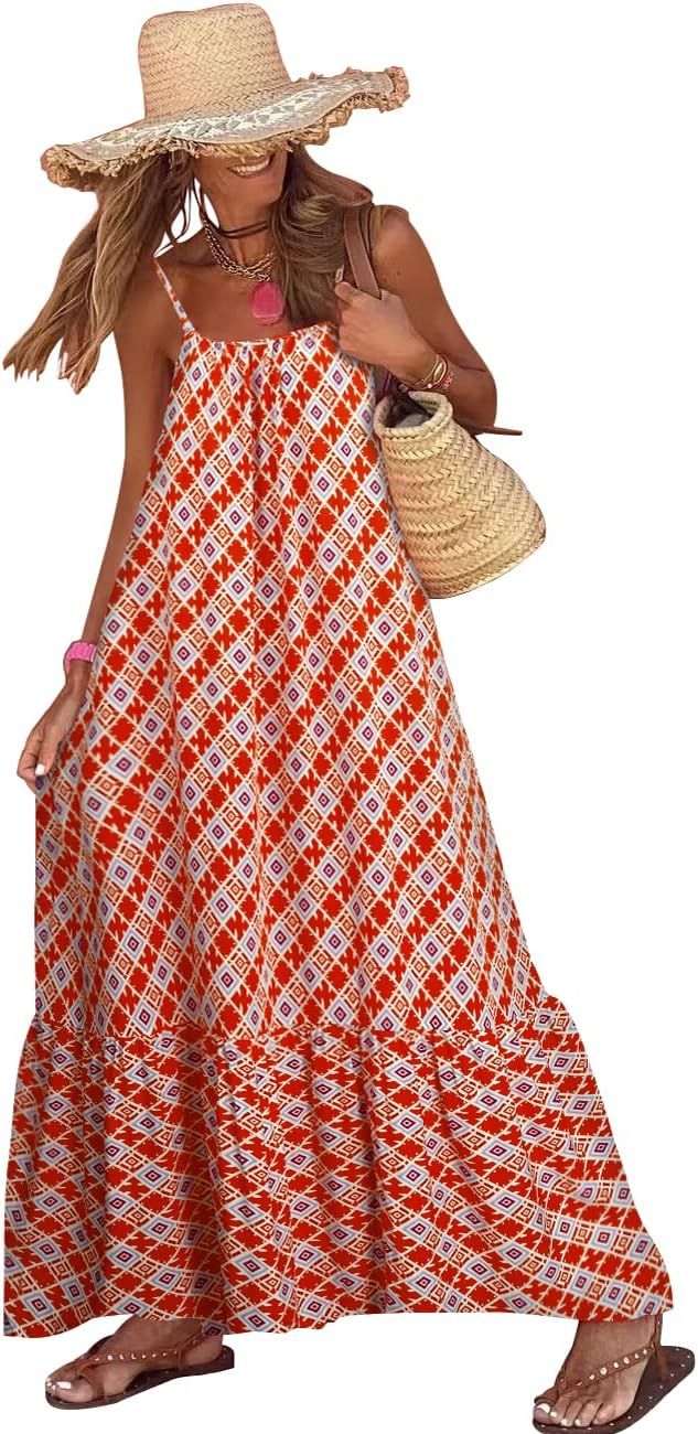 miduo Womens Summer Bohemian Pattern Spaghetti Straps Sleeveless Casual Maxi Long Dresses | Amazon (US)