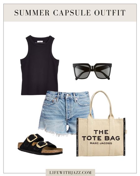 Summer capsule outfit 

Black tank 
Blue Jean shorts 
Marc jacobs tote bag 
Sunglasses 

#LTKunder100 #LTKstyletip #LTKtravel