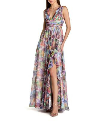 Sleeveless Printed Chiffon V Neck Ruched Gown | Bloomingdale's (US)