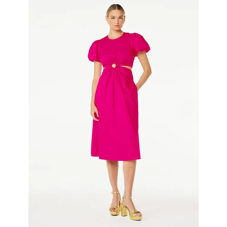 Scoop Women's Cut Out Midi Dress with Puff Sleeves, Sizes XS-XXL - Walmart.com | Walmart (US)