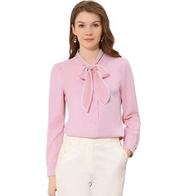 INSPIRE CHIC Women's Tie Neck Contrast Color Button Down Long Sleeves Shirt Small Pink | Target