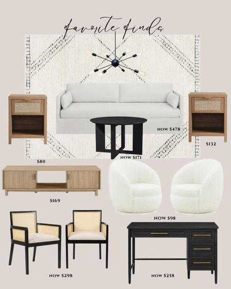 Walmart favorite finds:
White rug. Black chandelier modern. White sofa. Black coffee table. Natural wood drawer side table. Natural wood media stand. White accent chairs. Black rattan dining chairs. Black desk.

#LTKhome #LTKsalealert