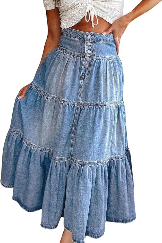 yoeasy Women's High Waist Denim Maxi Skirt Button Boho Flowy Pleated Tiered Ruffle Swing A-Line J... | Amazon (US)