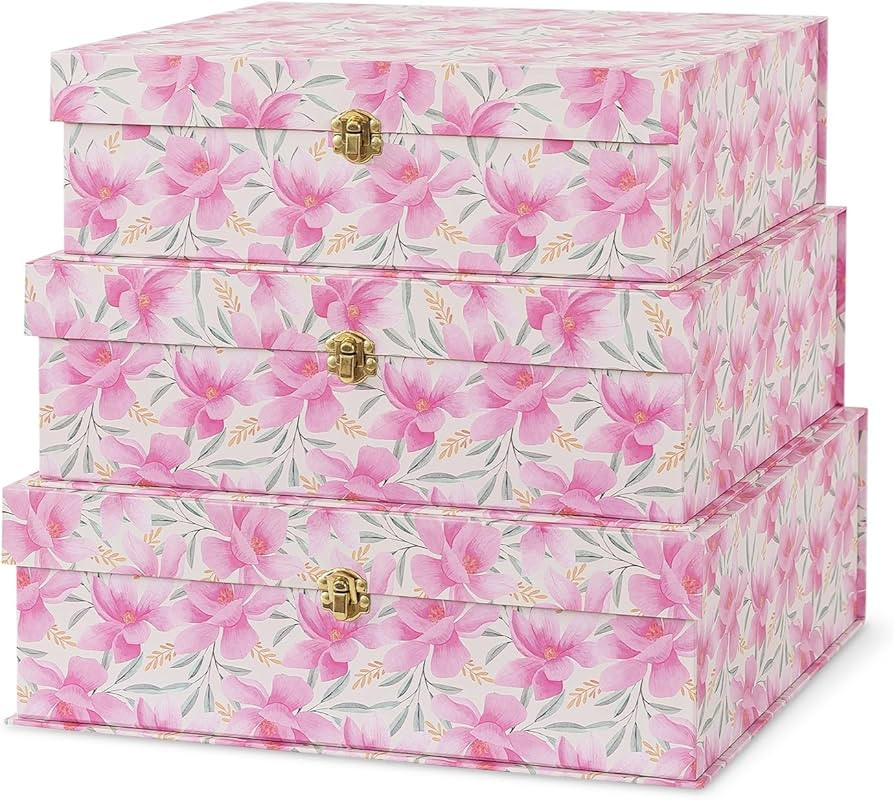 Soul & Lane Pink Floral Cardboard Decorative Storage Boxes with Gold Hardware - Set of 3, Garden ... | Amazon (US)