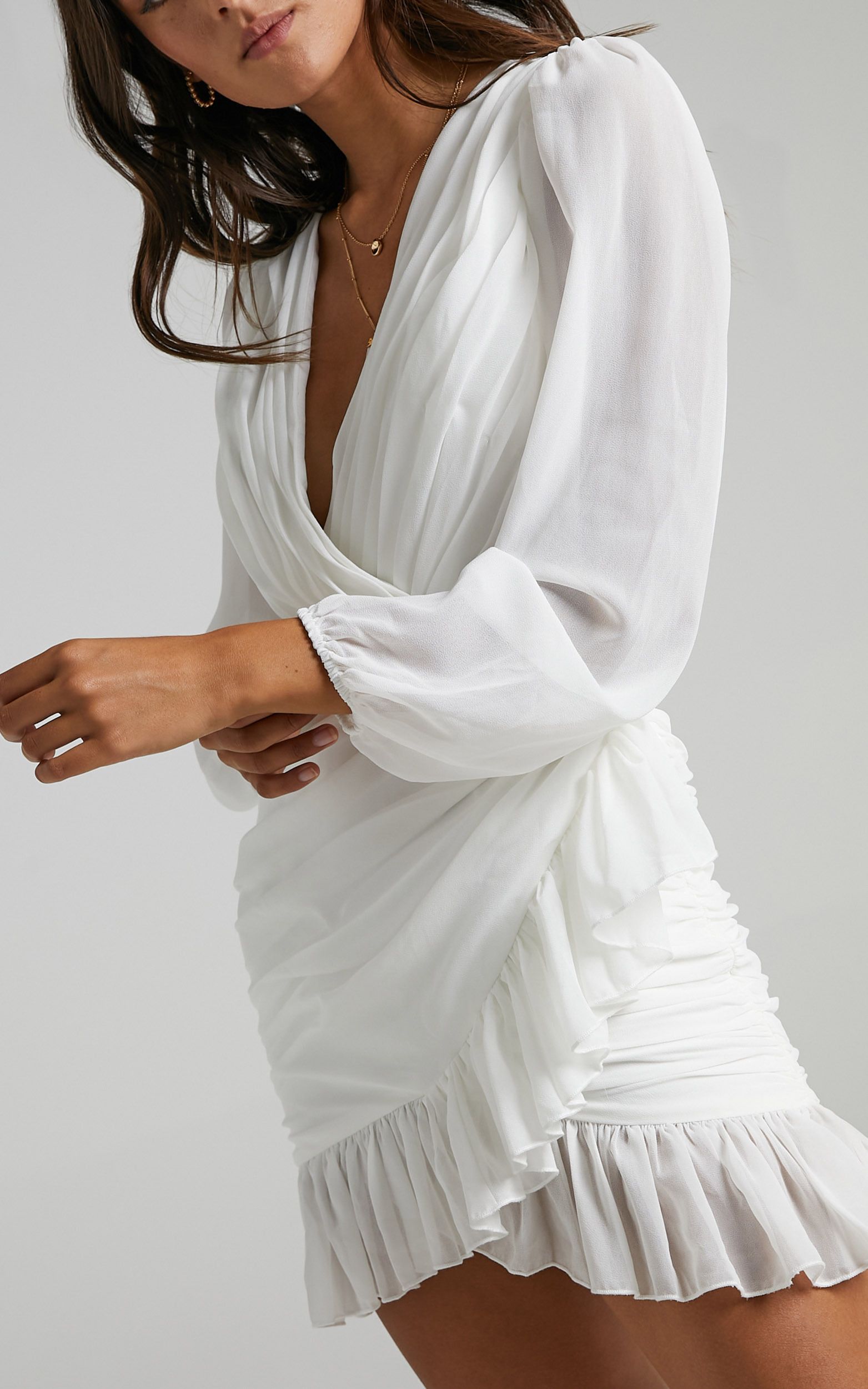 Can I Be Your Honey Plunge Balloon Sleeve Mini Dress in White | Showpo (US, UK & Europe)