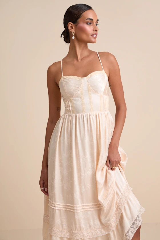 Sarisha Blush Satin Jacquard Bustier Midi Dress | Lulus